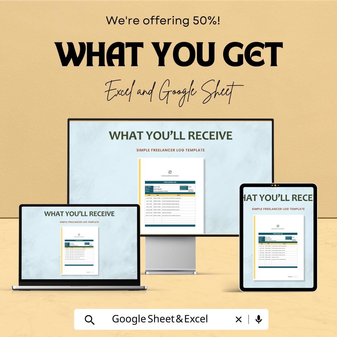 Simple Freelancer Log Template | Time Tracker Sheet | Excel & Google Sheets | Editable Download | 50% Off