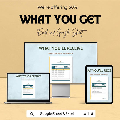 Simple Freelancer Log Template | Time Tracker Sheet | Excel & Google Sheets | Editable Download | 50% Off