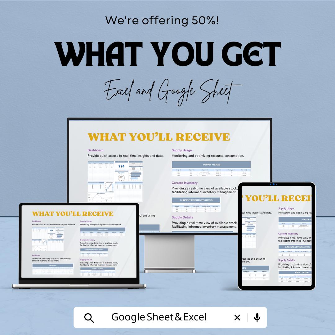 Supplies Inventory Sheet - Excel and Google Sheet Template for Real-Time Stock Tracking, Inventory Management & Reporting