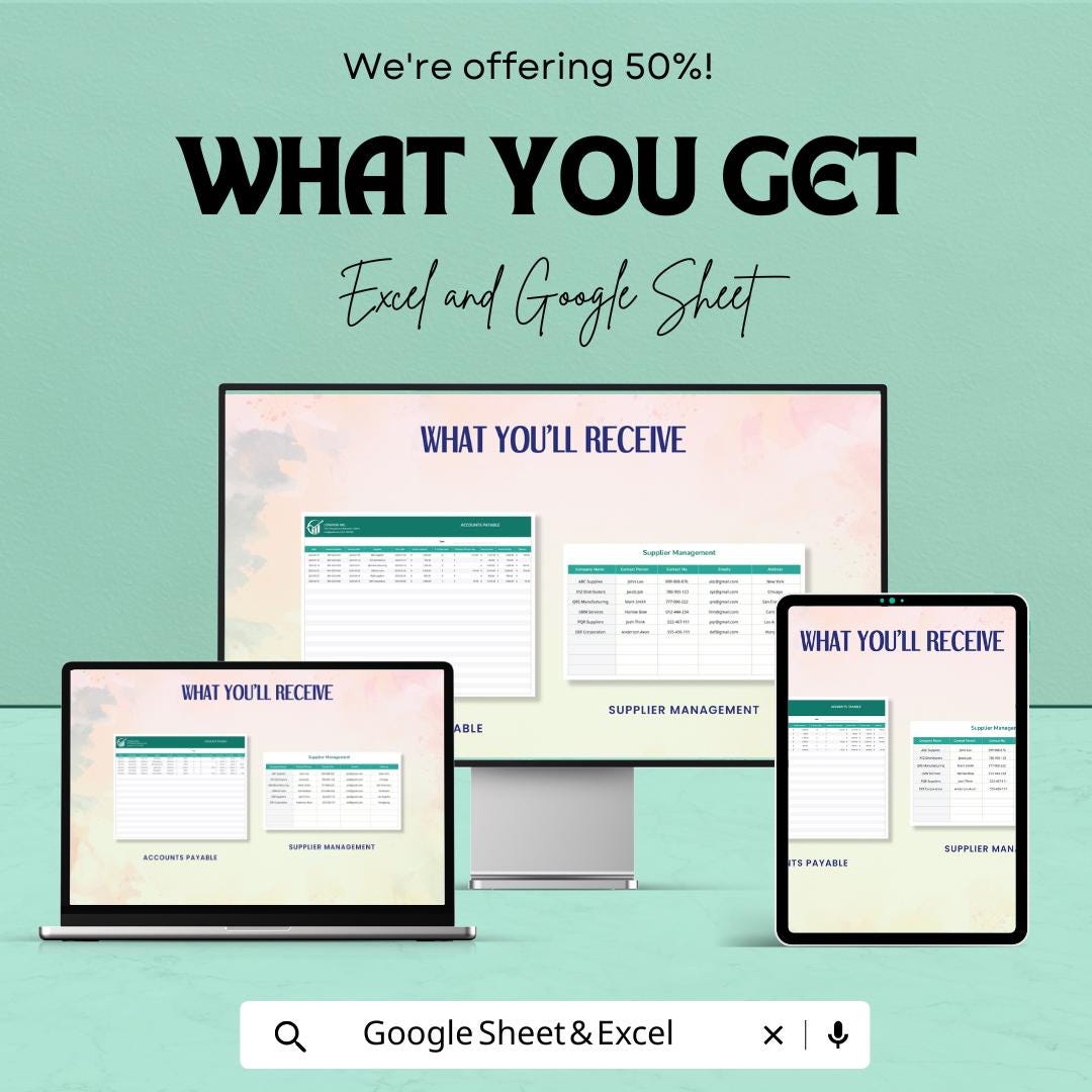 Accounts Payable Template | Excel & Google Sheets | Supplier Management Tracker | Bill Tracking Spreadsheet | Business Finance Organizer