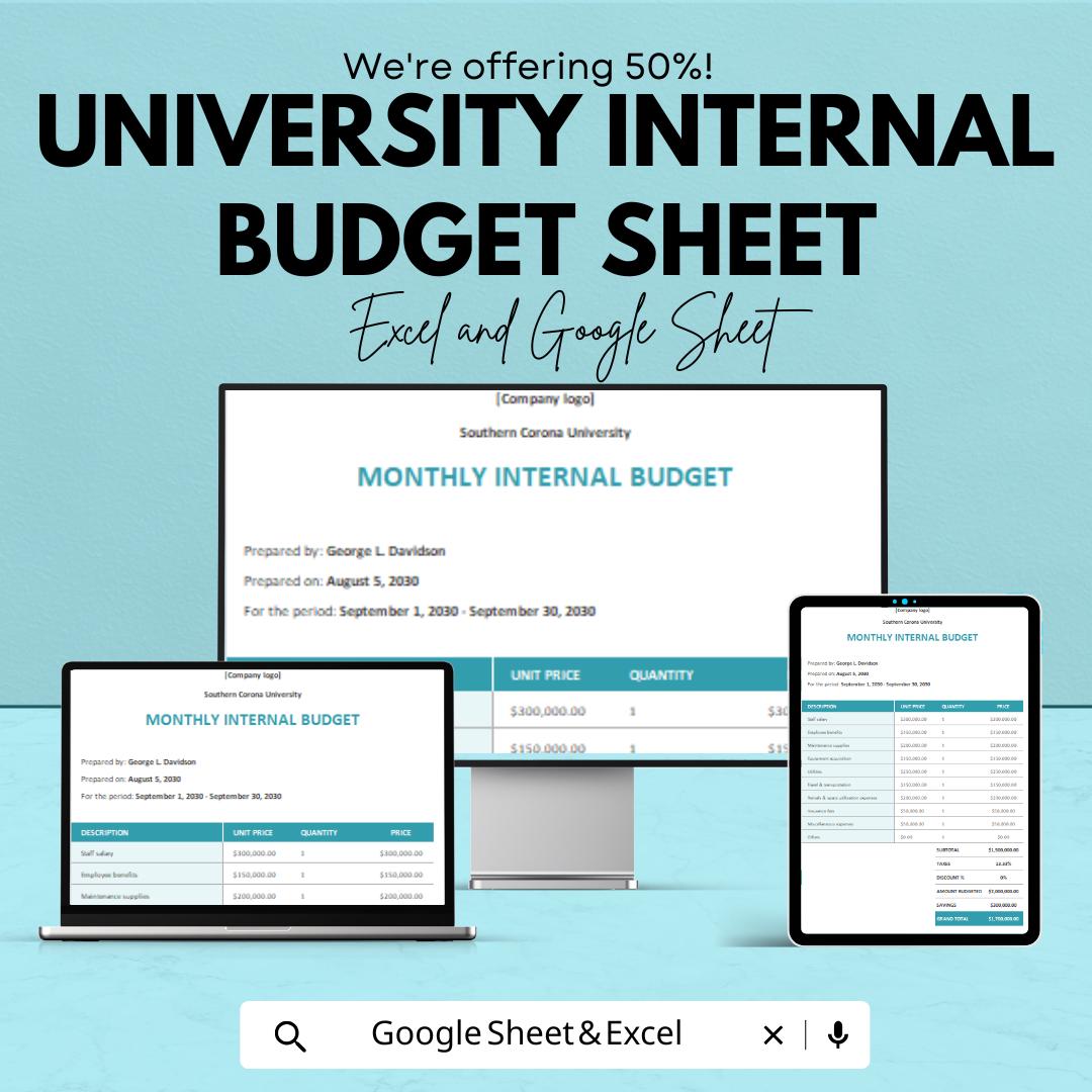 University Internal Budget Sheet | Monthly Budget Planner | Financial Planning Template for Universities | Excel & Google Sheets