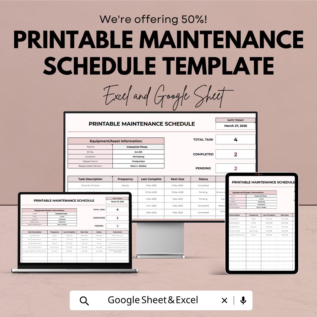Printable Maintenance Schedule Template | Equipment Maintenance Log | Preventive Maintenance Checklist | Excel Google Sheets | Asset Tracker