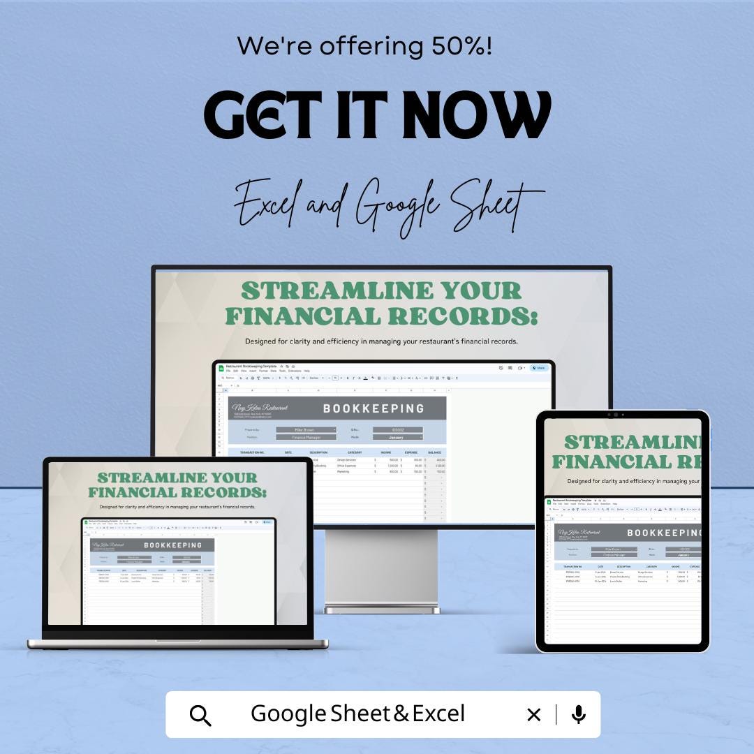 Restaurant Bookkeeping Sheet | Excel & Google Sheet | 50% OFF | Financial Management Template