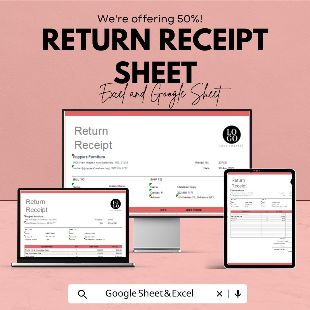 Return Receipt Sheet Template | Seamless Return Tracking for Businesses | Excel & Google Sheets