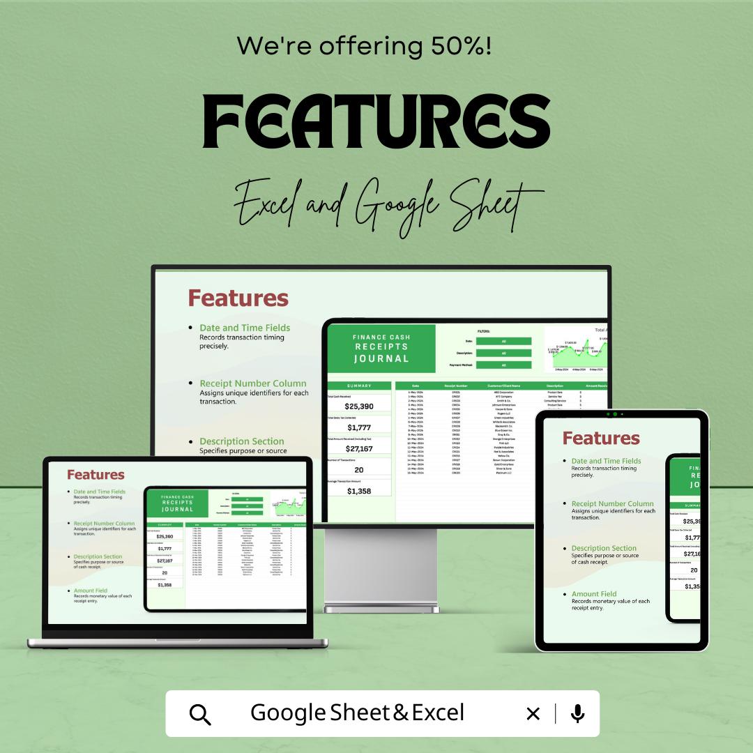Finance Cash Receipts Journal Template, Excel & Google Sheets, Cash Receipt Tracker, Accounting Journal Spreadsheet, Business Income Log
