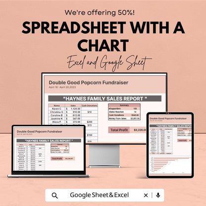 Spreadsheet with a Chart Sheet for Fundraising and Sales - Excel & Google Sheets - Track Profits and Donations