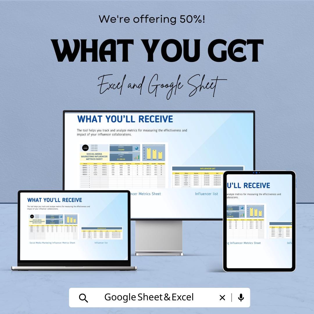 Social Media Marketing Influencer Metrics Sheet Template | Excel & Google Sheets | Influencer Analytics Tracker | Campaign Performance |