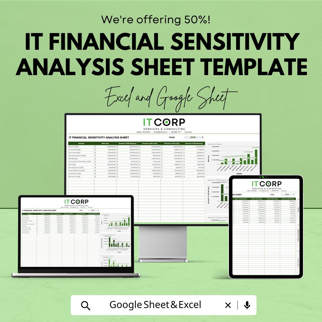 IT Financial Sensitivity Analysis Template,  Scenario Analysis Spreadsheet, Financial Planning Tool, Business Finance Template