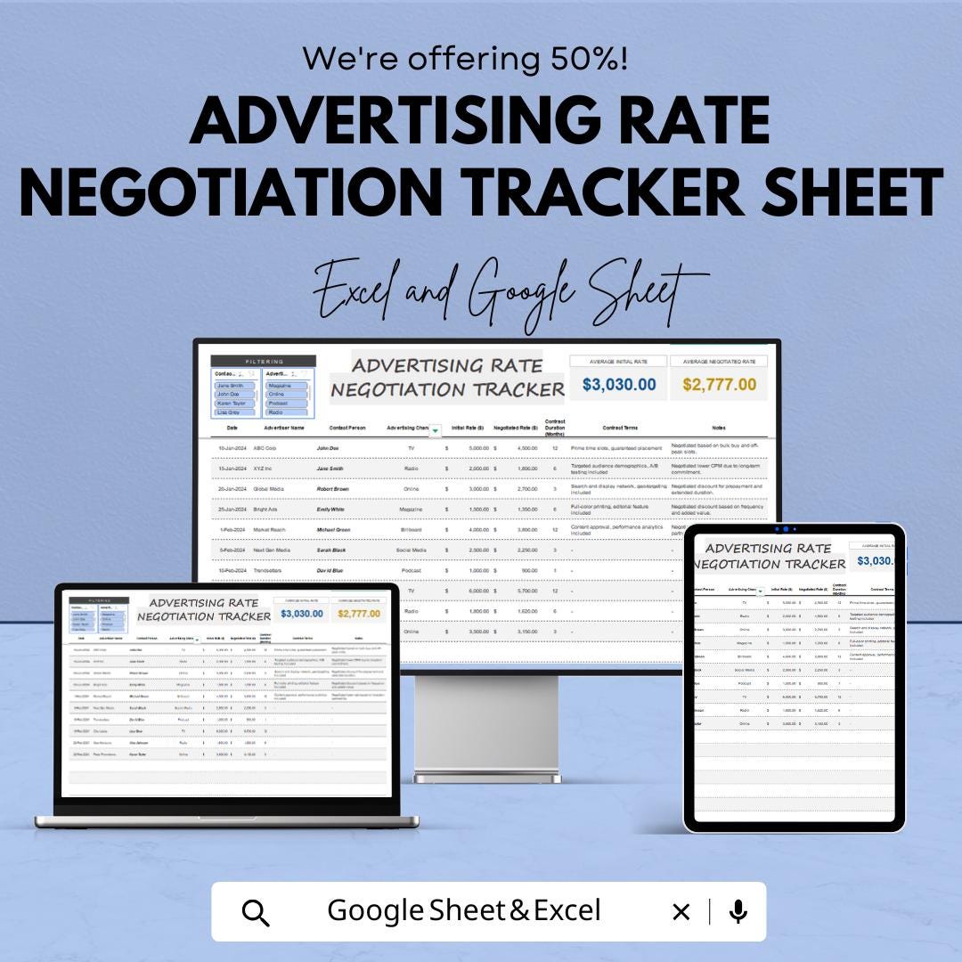 Advertising Rate Negotiation Tracker Sheet | Excel and Google Sheets Template | Track Ad Pricing & Deals | Rate Negotiation Tool |