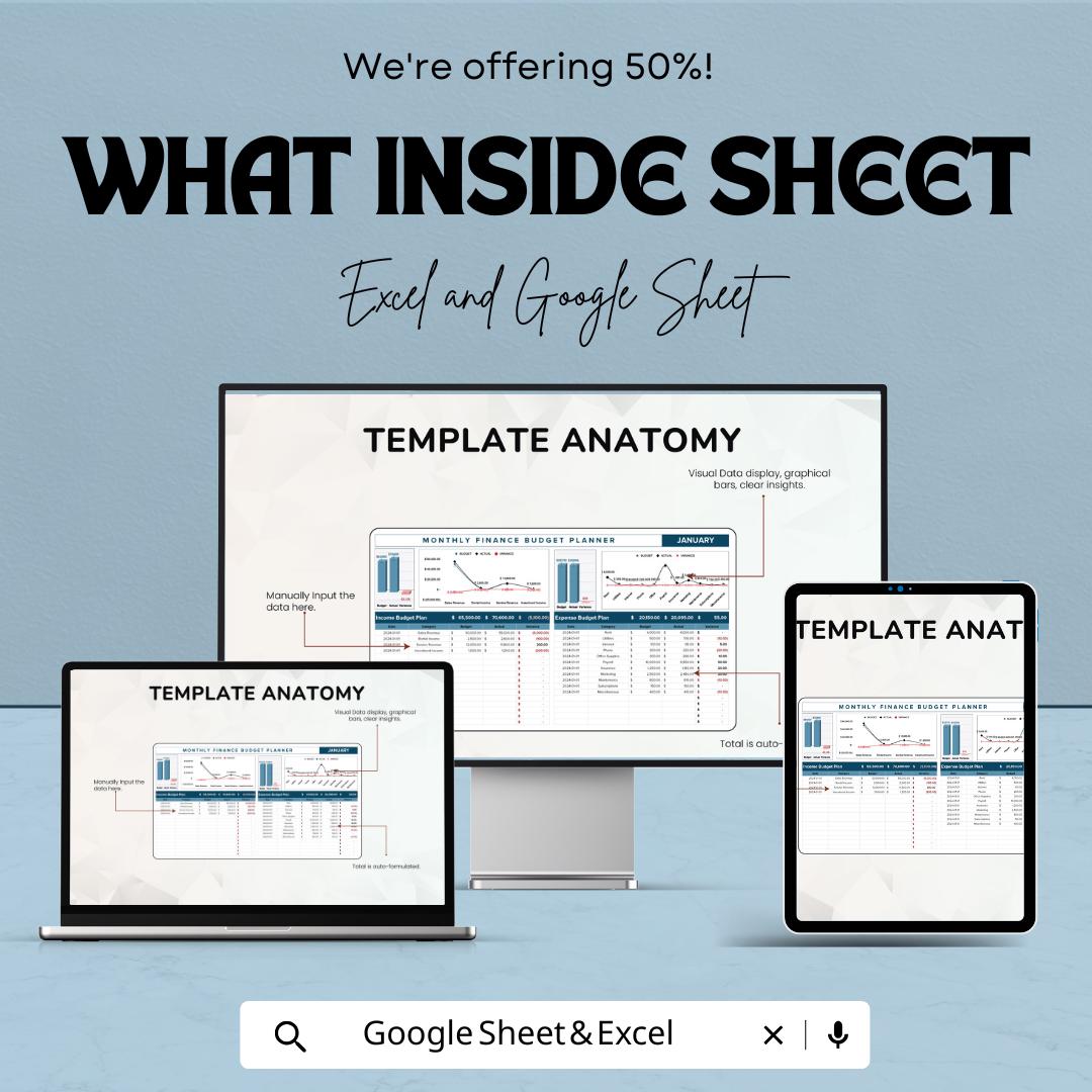 Monthly Finance Budget Planner Sheet | Track Income, Expenses, and Savings | Budget Planner for Personal Finance | Financial Tracker