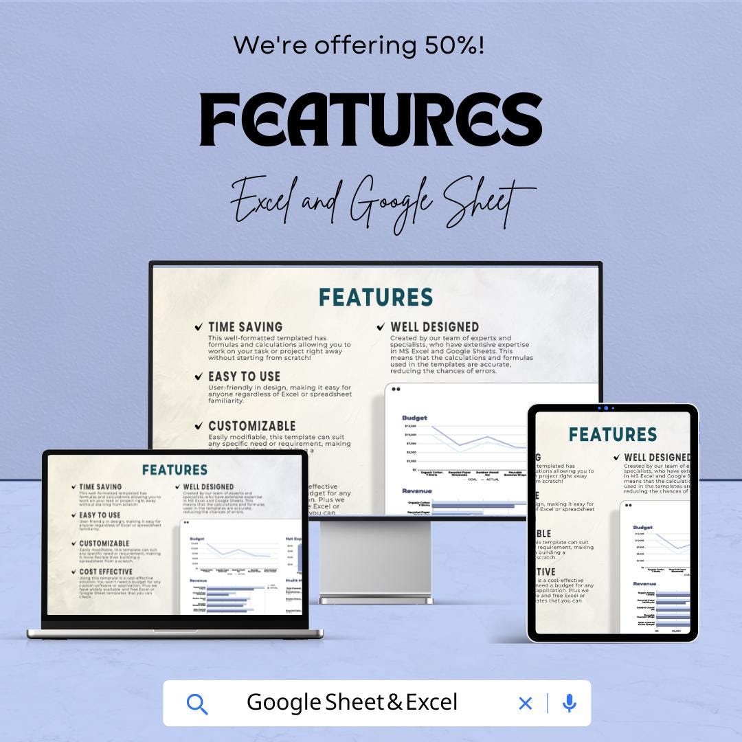 KPI Chart Sheet | Budget Tracking, Net Expenses, Revenue and Profit Margins | Excel & Google Sheet Template | Business Performance Dashboard