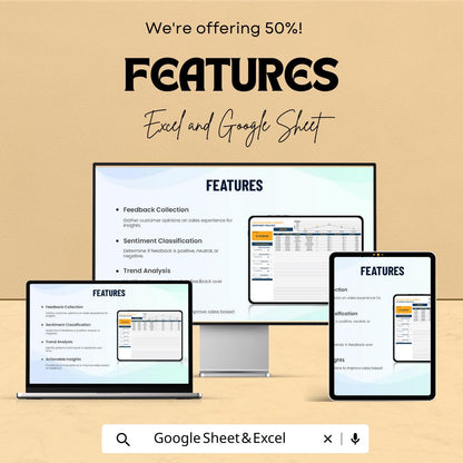 Sales Customer Feedback Sentiment Analysis Template, Customer Review Tracker, Business Analytics Spreadsheet