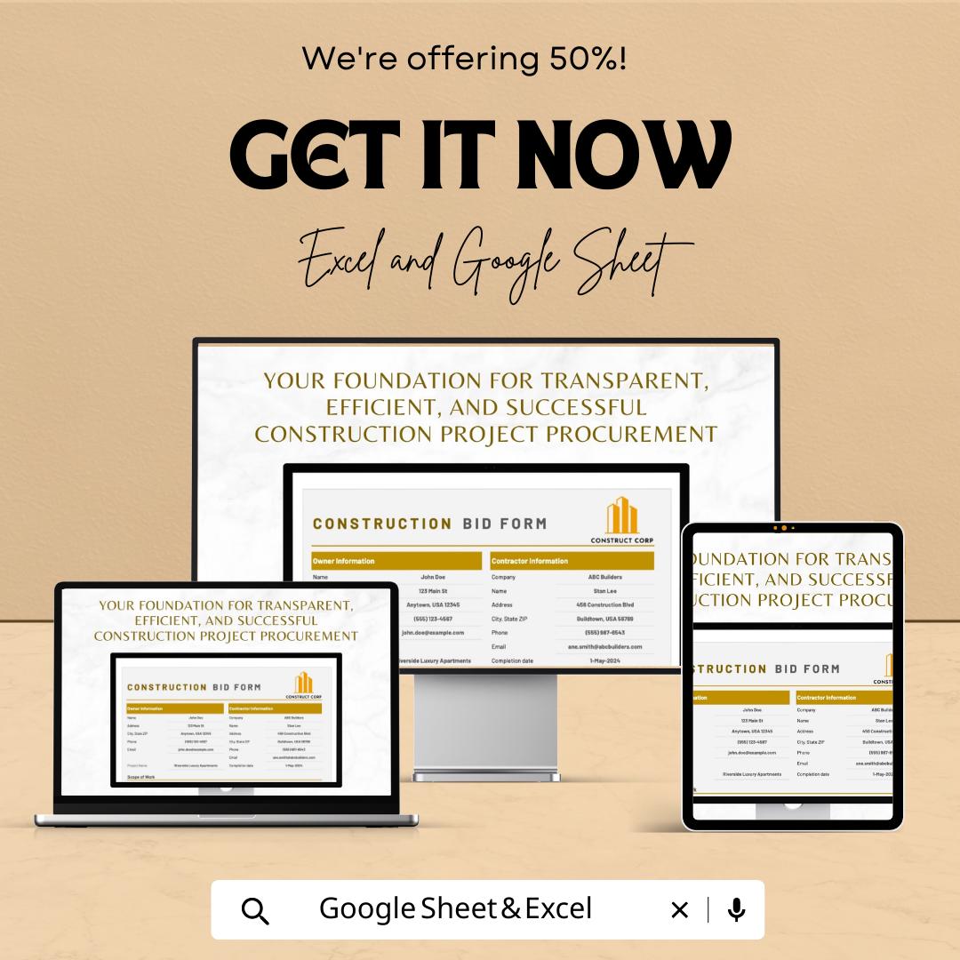 Construction Bid Form Template | Contractor Bid Sheet | Project Bid Proposal Template | Cost Breakdown Spreadsheet | Excel Google Sheets