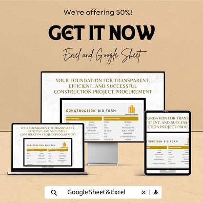 Construction Bid Form Template | Contractor Bid Sheet | Project Bid Proposal Template | Cost Breakdown Spreadsheet | Excel Google Sheets