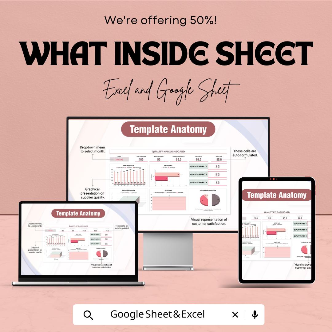 Quality KPI Dashboard Template for Performance Monitoring | Excel & Google Sheets | Track Supplier Quality, Process Efficiency |