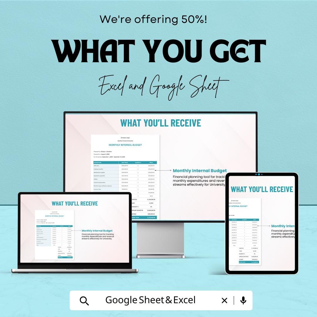 University Internal Budget Sheet | Monthly Budget Planner | Financial Planning Template for Universities | Excel & Google Sheets