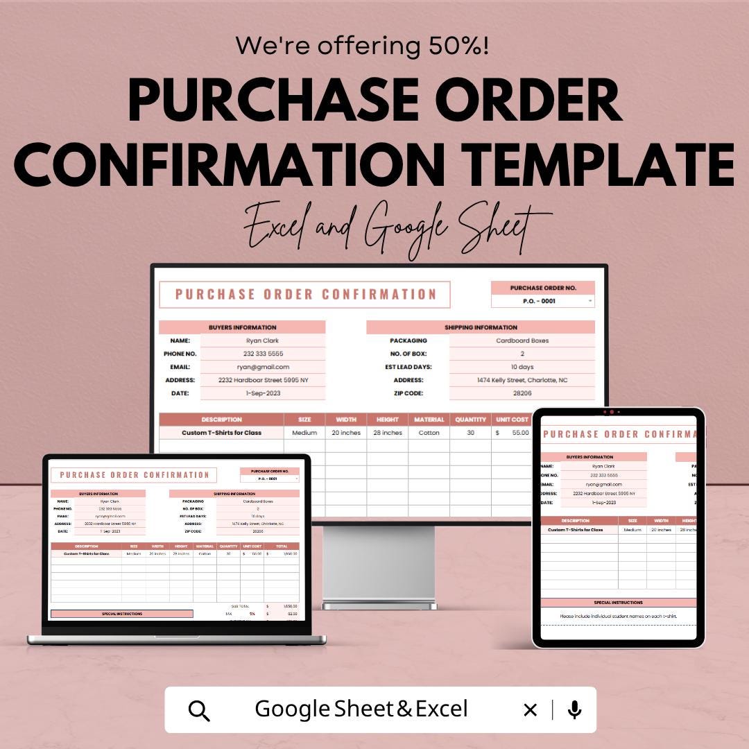 Purchase Order Confirmation Template | Order Confirmation Form | Invoice Tracker | Procurement Template | Excel & Google Sheets |