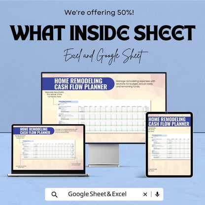 Home Remodeling Cash Flow Planner Sheet - Google Sheet Template - Track Project Budget, Costs, and Expense | Financial Management