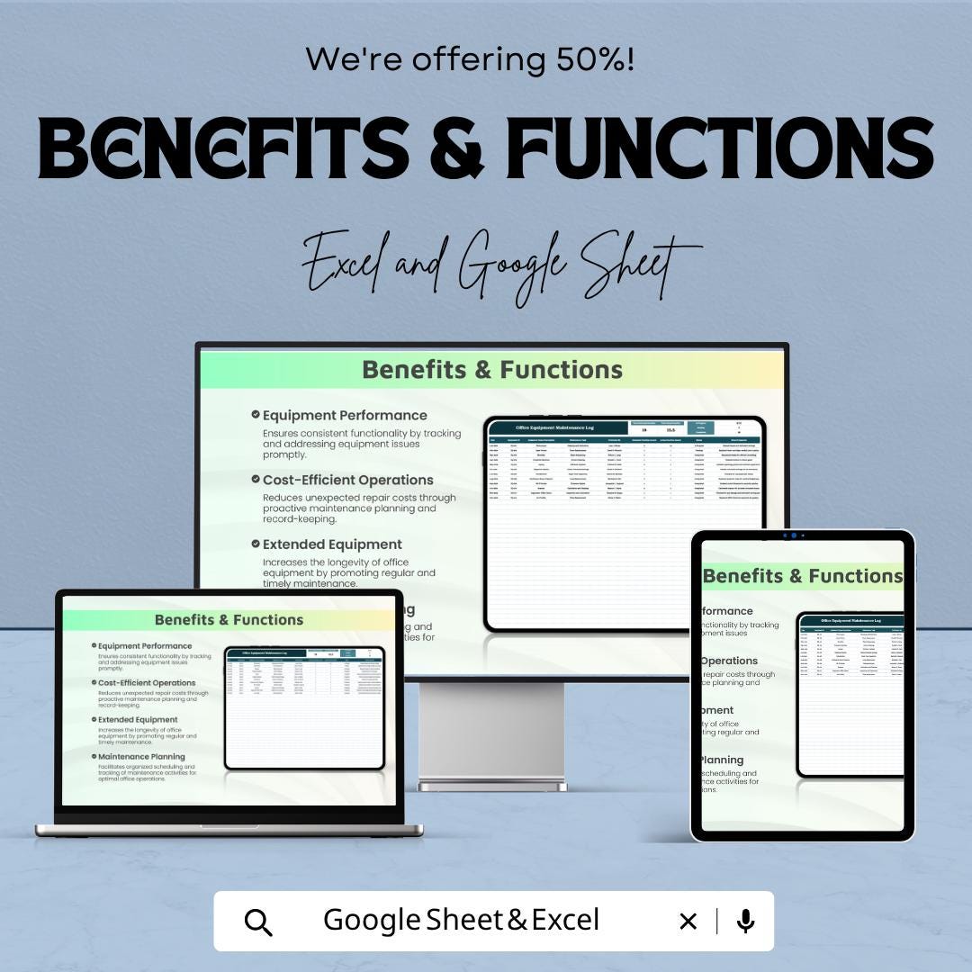 Office Equipment Maintenance Log Excel Template | Asset Tracker Spreadsheet | Service & Repair Log Google Sheets | Maintenance Tracker