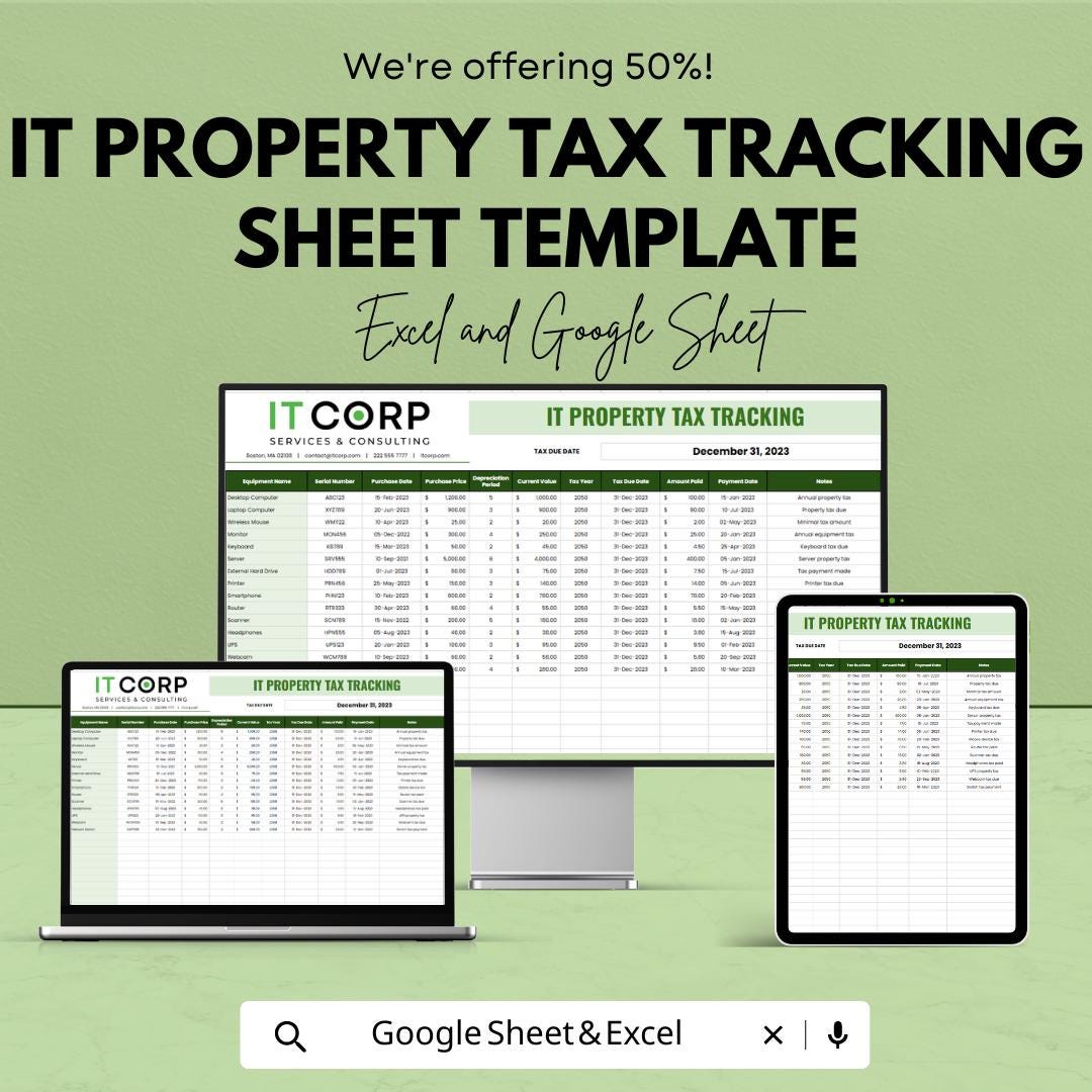 IT Property Tax Tracking Spreadsheet | Asset Tax Tracker Template | Equipment Tax Log | Business Asset Management Sheet