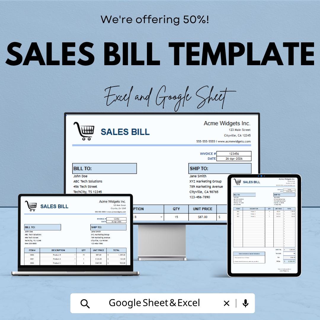 Sales Bill Template | Invoice Spreadsheet | Sales Invoice Tracker | Billing Template for Excel & Google Sheets | Small Business
