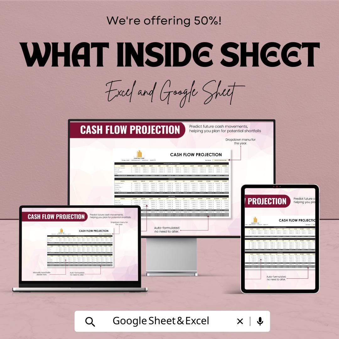 Cash Flow Projection Template, Business Cash Flow Forecast Spreadsheet, Financial Planning Template, Small Business Budget Planner
