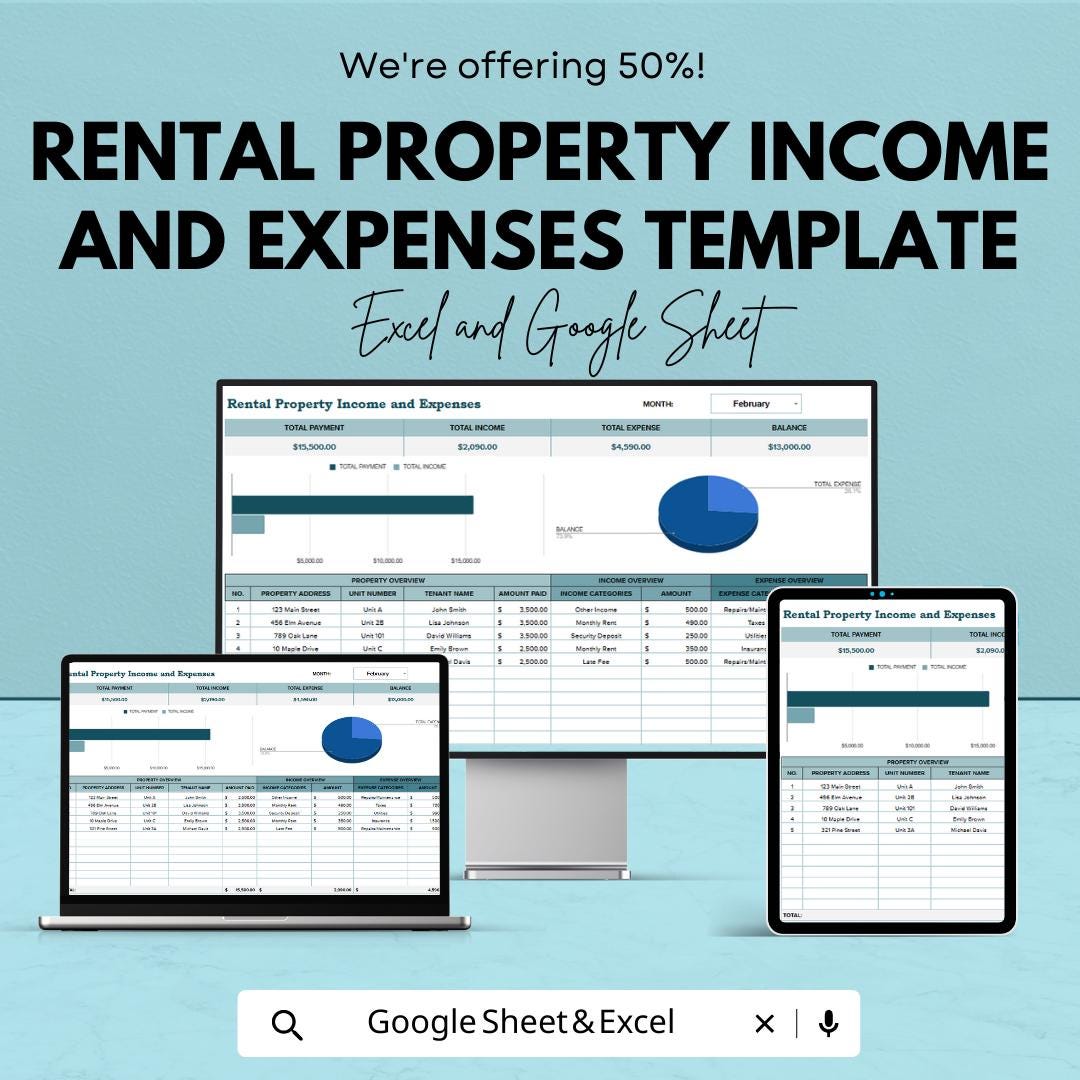 Rental Property Income and Expenses Template | Excel & Google Sheets Rental Tracker | Landlord Spreadsheet | Rental Income Expense Tracker
