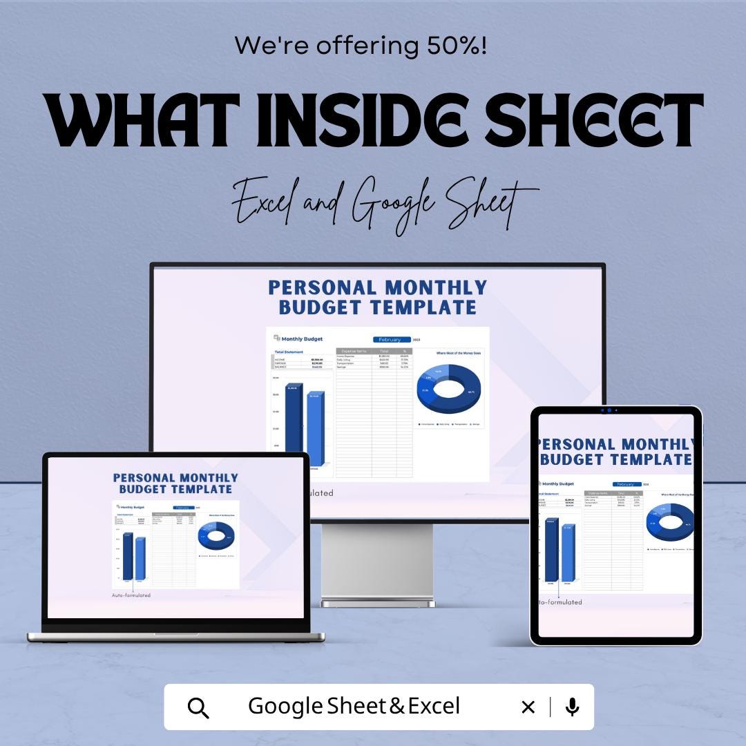 Personal Monthly Budget Template | Budget Planner Spreadsheet | Income & Expense Tracker | Personal Finance Dashboard