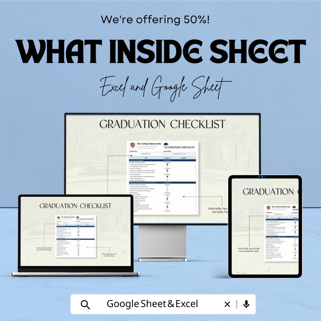 Graduation Checklist Template - Excel & Google Sheets, Plan Your Graduation, Track Tasks, Milestones, Progress, Instant Download
