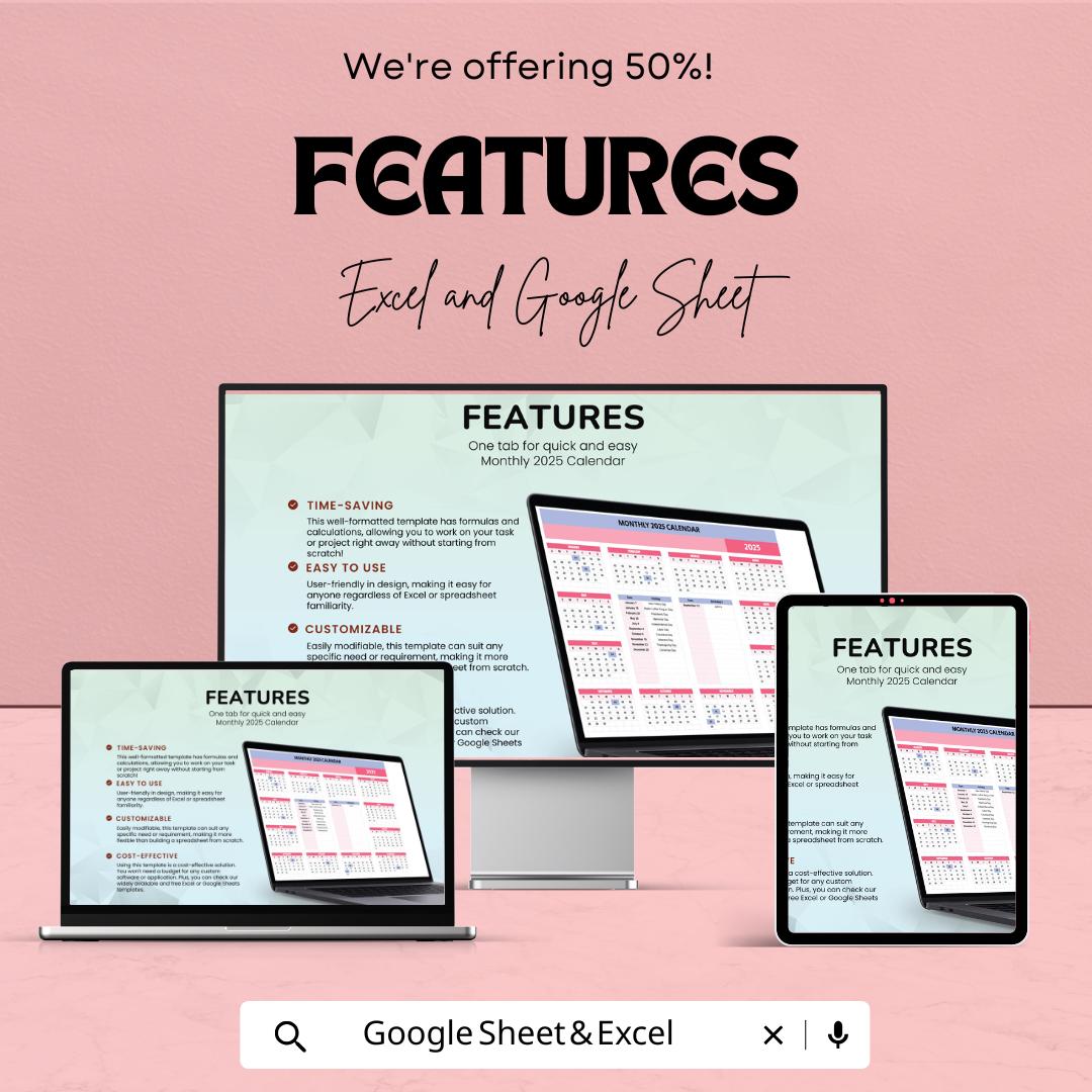 2025 Monthly Calendar Template for Excel & Google Sheets | Instant Download | Yearly Planner | Printable 2025 Calendar | 50% Off