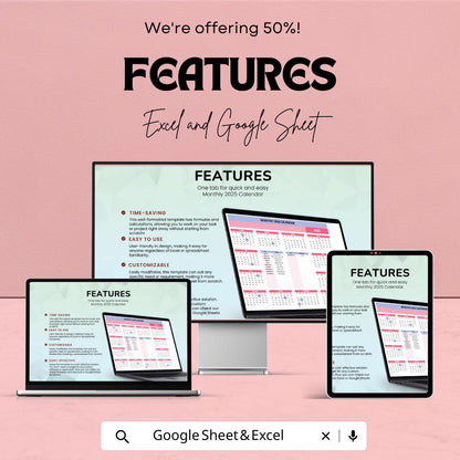 2025 Monthly Calendar Template for Excel & Google Sheets | Instant Download | Yearly Planner | Printable 2025 Calendar | 50% Off