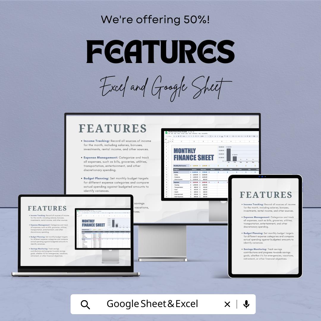 Monthly Finance Sheet | Excel and Google Sheets Template | Budgeting, Expense Tracking & Financial Planning | Instant Download