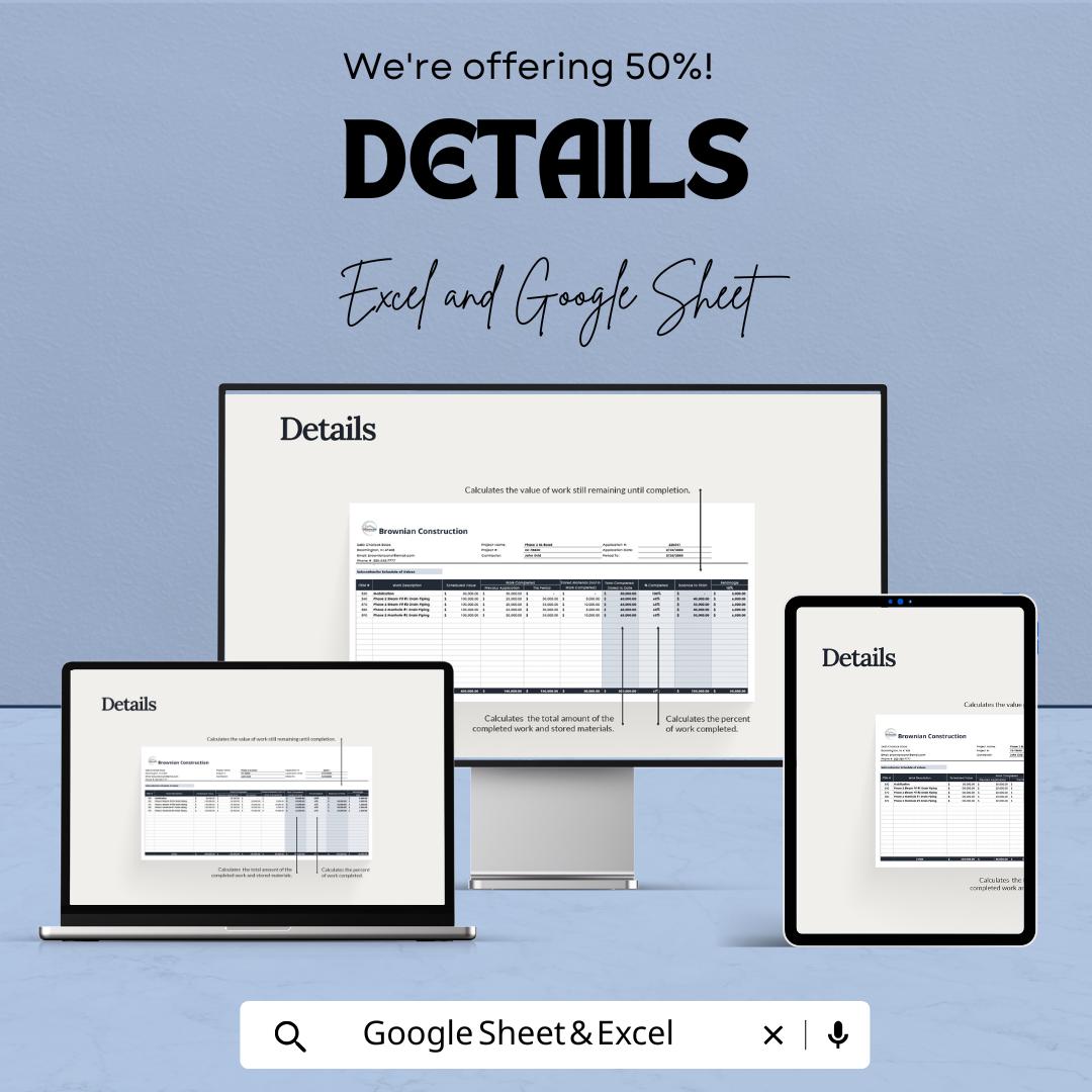 Subcontractor Schedule of Values Sheet | Excel & Google Sheet | Construction Project Management Template | 50% Off