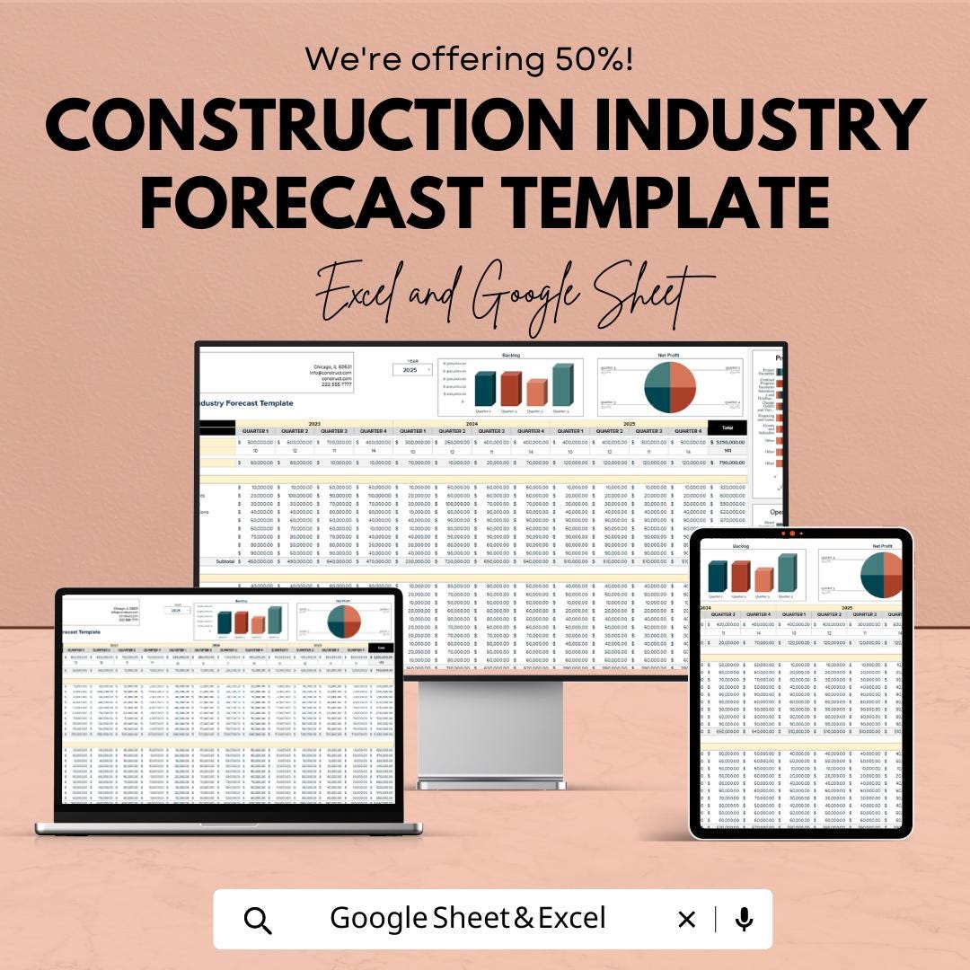 Construction Industry Forecast Template,  Construction Budget Planner, Project Revenue Forecast, Contractor Financial Spreadsheet