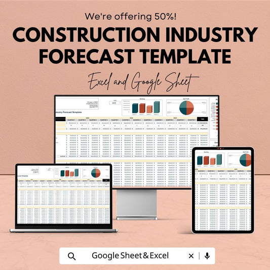 Construction Industry Forecast Template,  Construction Budget Planner, Project Revenue Forecast, Contractor Financial Spreadsheet