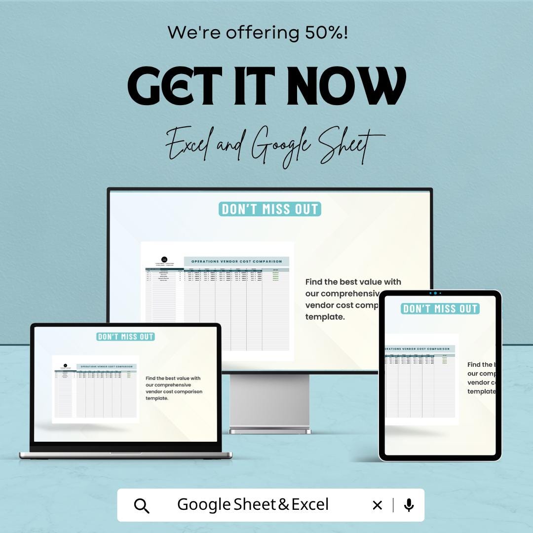 Operations Vendor Cost Comparison Template | Supplier Price Analysis Spreadsheet | Procurement Budget Tracker | Vendor Evaluation Sheet |