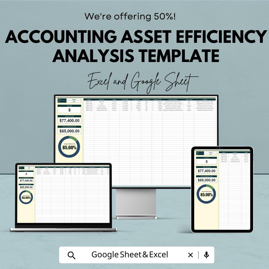 Accounting Asset Efficiency Analysis Template | Asset Utilization Tracker | Automated Calculations | Efficiency Performance Dashboard