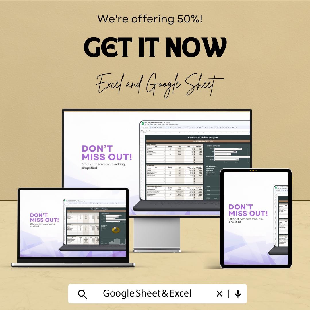 Item Cost Worksheet Template | Excel and Google Sheet | Track Project Costs, Profit Margins & Pricing