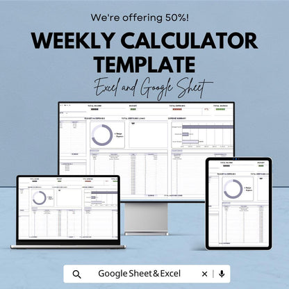 Weekly Calculator Template | Weekly Budget Planner  | Income Expense Tracker | Debt & Savings Planner | Personal Finance Spreadsheet