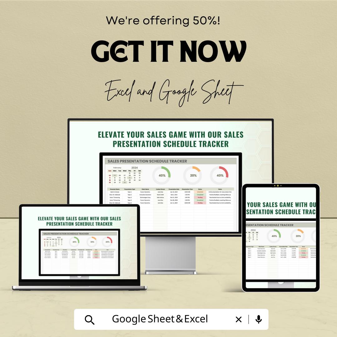 Sales Presentation Schedule Tracker Sheet | Sales Meeting Planner | Excel & Google Sheets Template | Presentation Schedule Management |