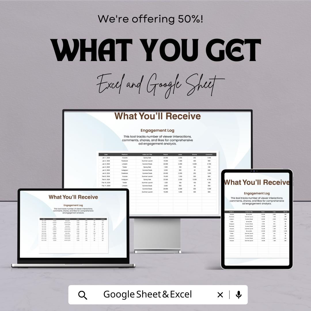 Advertising Video Ad Engagement Tracker Template | Video Ad Metrics Dashboard | Engagement Analytics Spreadsheet | Ad Performance Tracker