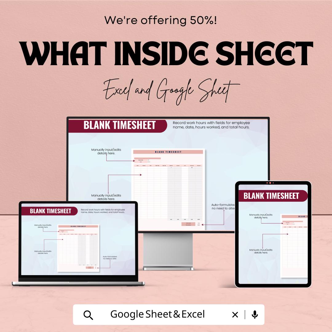 Blank Timesheet Template – Excel & Google Sheets – Employee Hours Tracker, Customizable Work Schedule, Editable Payroll System,
