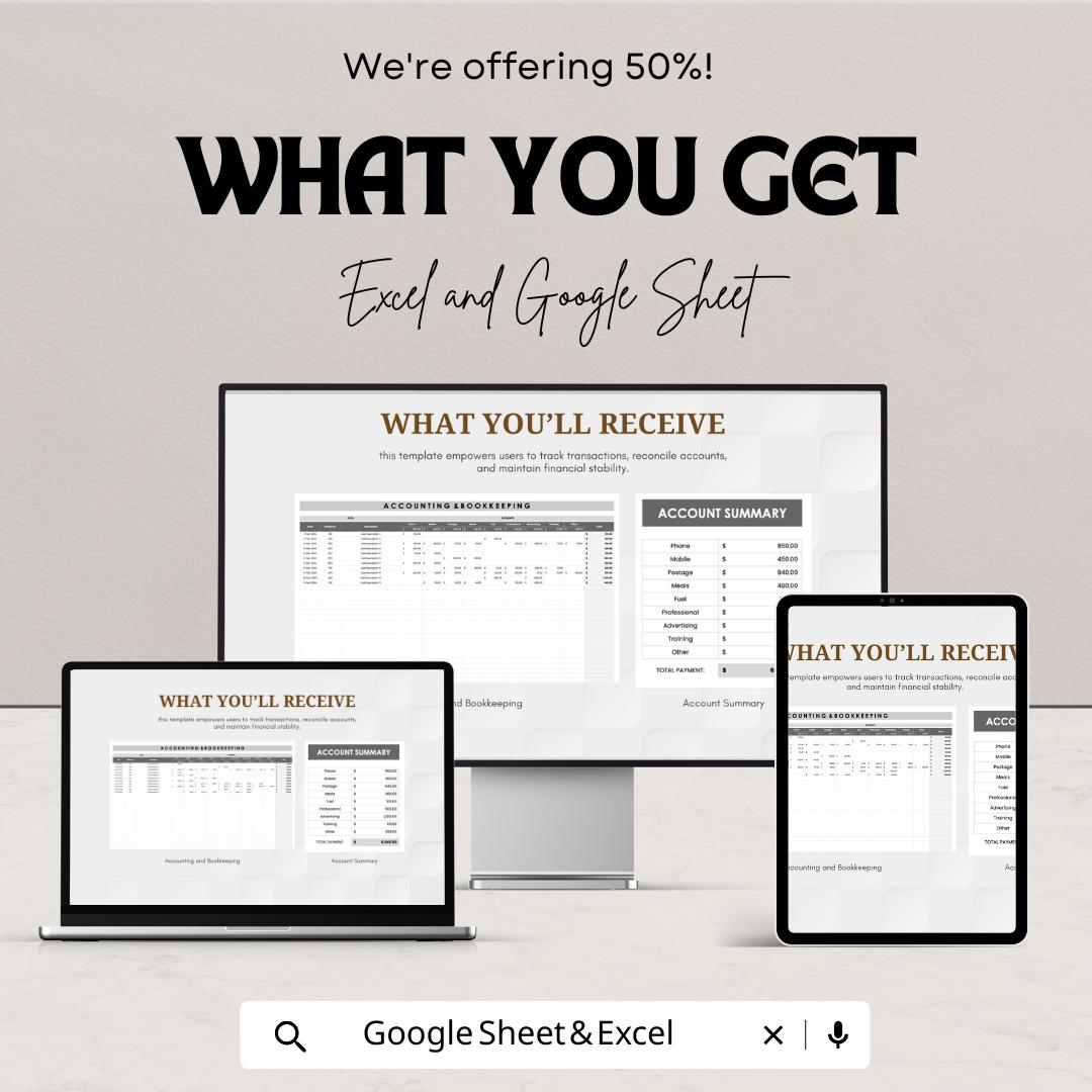 Accounting and Bookkeeping Sheet | Financial Tracker Template | Expense and Income Management | Excel & Google Sheets