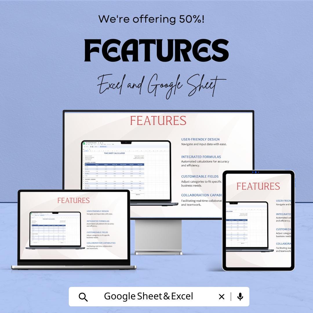 Time Sheet Calculator - Excel & Google Sheets Template | Employee Time Tracking, Payroll, Overtime, and Break Hours Calculation