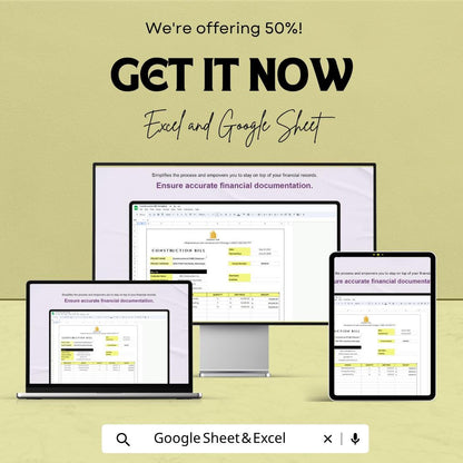 Construction Bill Template | Excel Invoice Spreadsheet | Google Sheets Construction Invoice | Contractor Billing Template | Project Expense