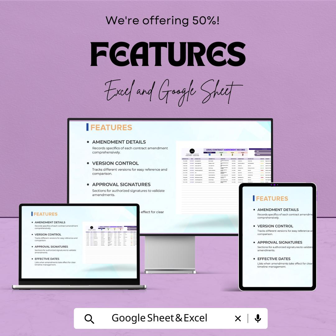 Legal Contract Amendment Record Template | Contract Change Log and Amendment Tracker | Excel & Google Sheets Spreadsheet