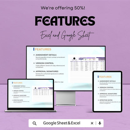 Legal Contract Amendment Record Template | Contract Change Log and Amendment Tracker | Excel & Google Sheets Spreadsheet