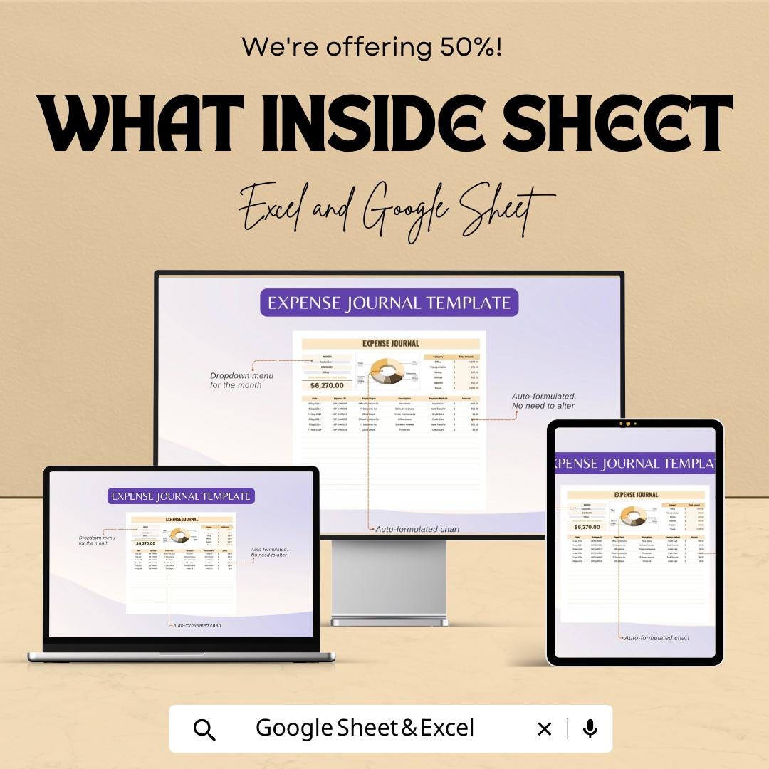 Expense Journal Sheet | Personal Finance Tracker | Google Sheets | Budget Tracker | Spending Log | Expense Organizer | Monthly Finance