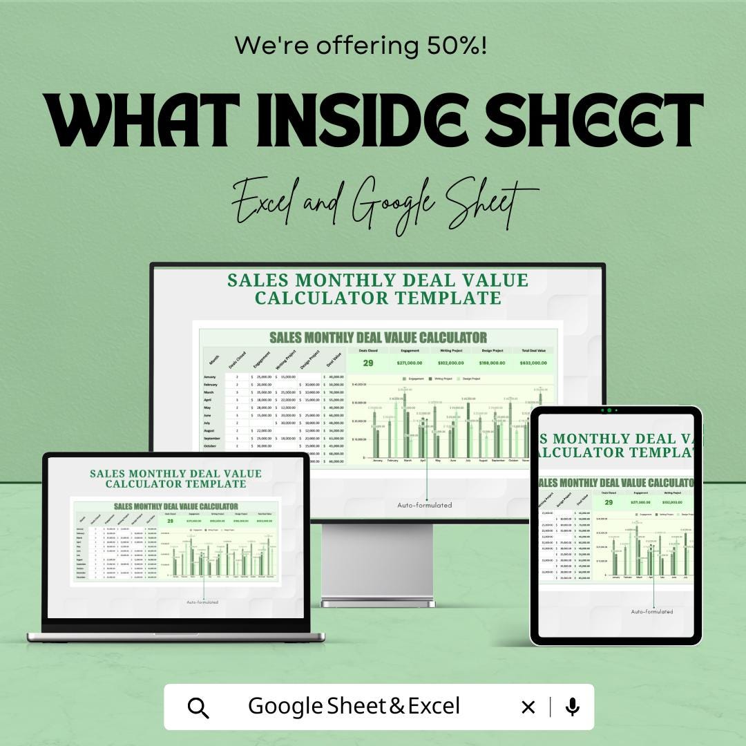Sales Monthly Deal Value Calculator Template | Sales Performance Tracker | Monthly Deal Value Spreadsheet | Excel and Google Sheets Sales |