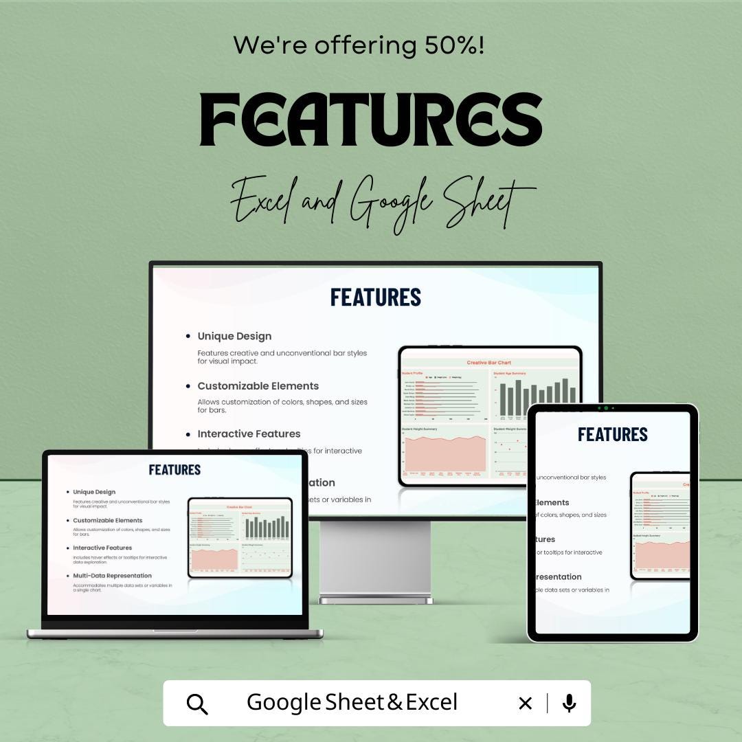 Creative Bar Chart Template Excel Google Sheets, Data Visualization Dashboard, Analytics Chart Template, Business Report Graph Spreadsheet